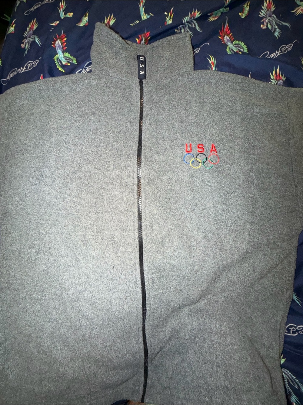USA Olympic Embroidered Gray Full-Zip Men's Sweater
